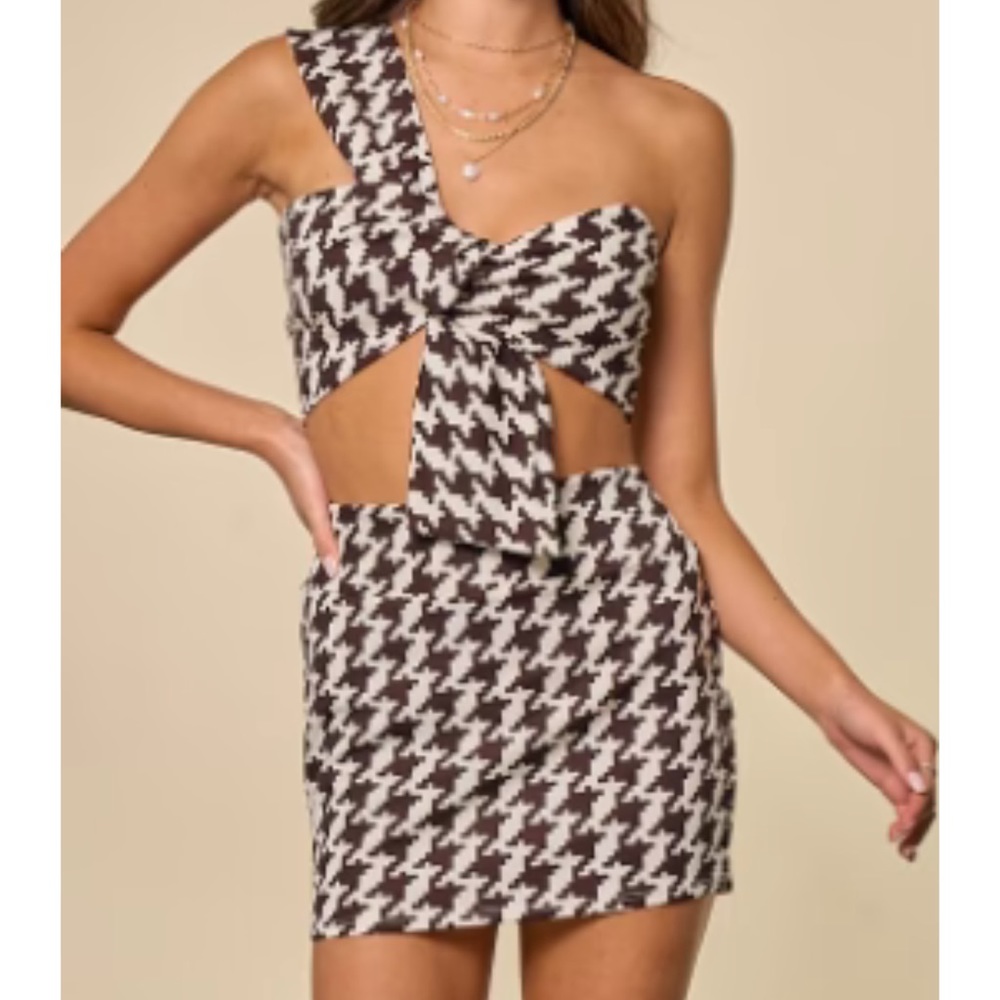 NEW! Blue Blush Modern Chic Twisted Crop Top Skirt Set Brown Houndstooth S, M, L